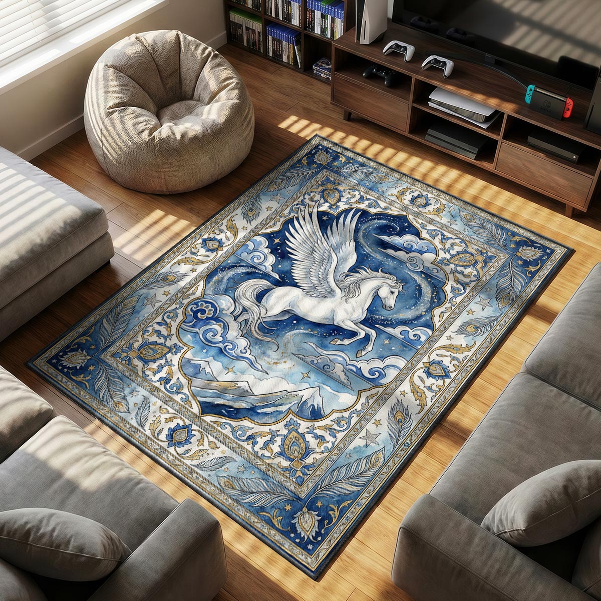 Close-up of Pegasus rug showing gold stardust feather detail and navy dye-sublimation texture