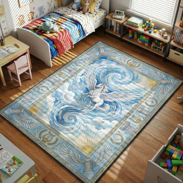 pegasus winged horse rug flying in sky with clouds and golden sun fantasy decor