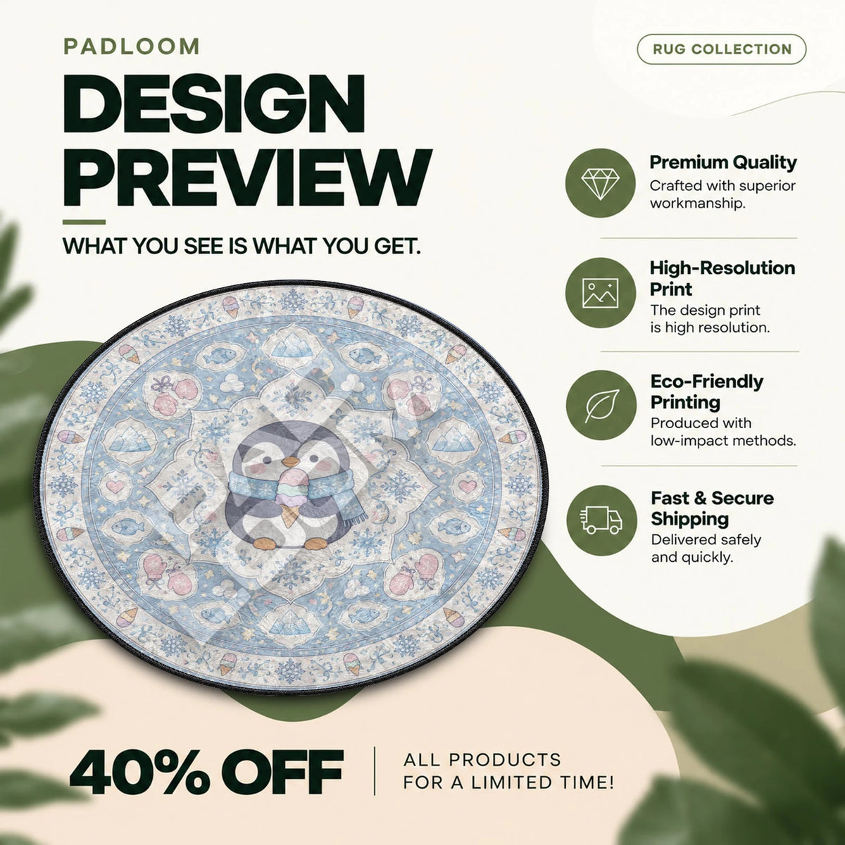 Penguin Scarf kawaii round rug full design preview