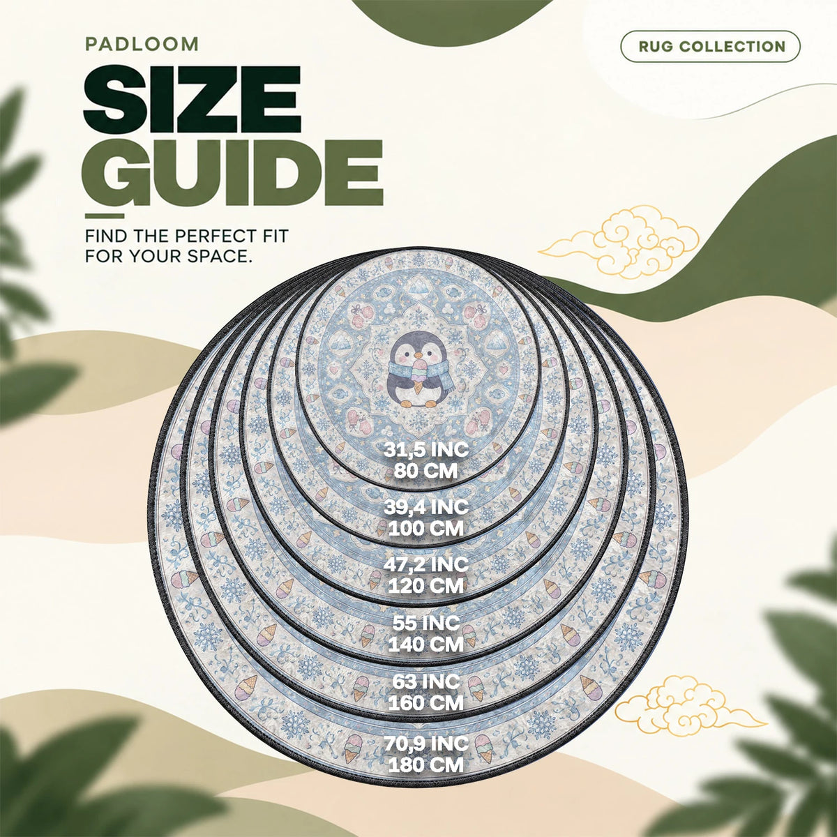 Penguin Scarf round rug size guide, 80 to 180 cm (31.5 to 70.9 in)