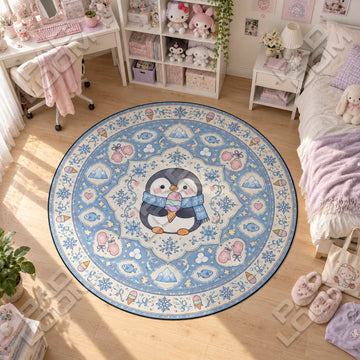 Penguin Scarf kawaii round rug on a bedroom floor - kawaii chair mat