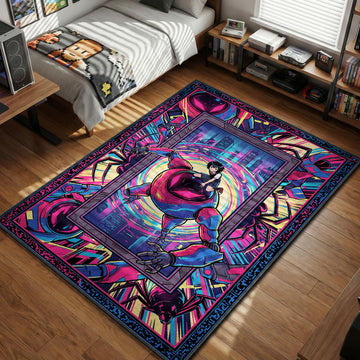 Peni Parker riding SP//dr mech robot through a neon portal in anime style gaming area rug and floor mat