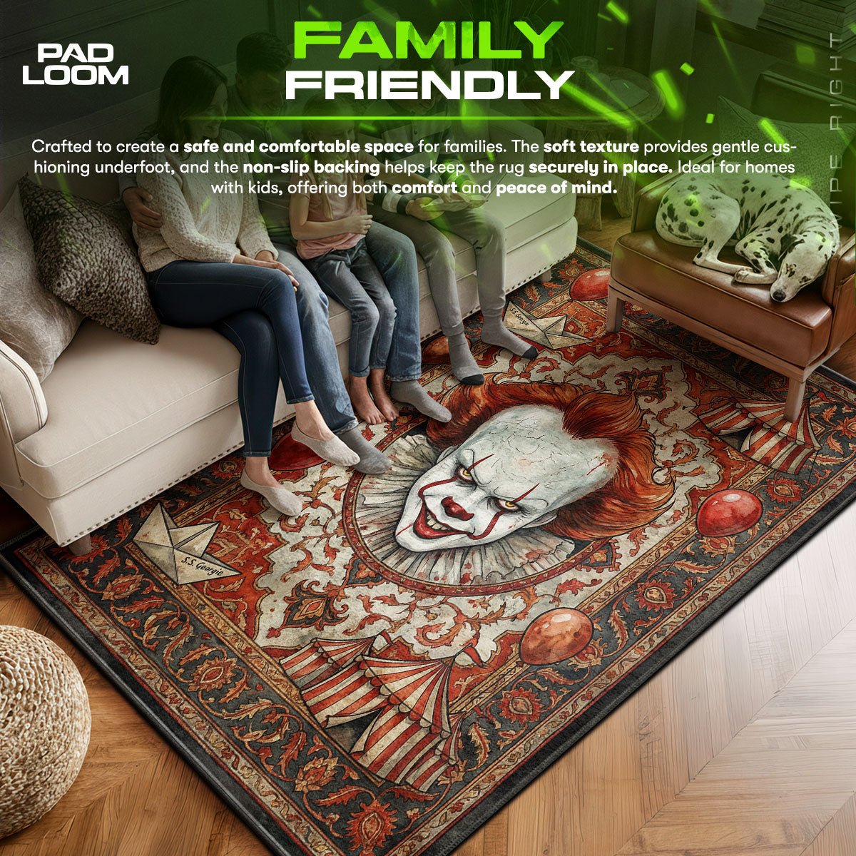 Pennywise area rug showing full home decor artwork