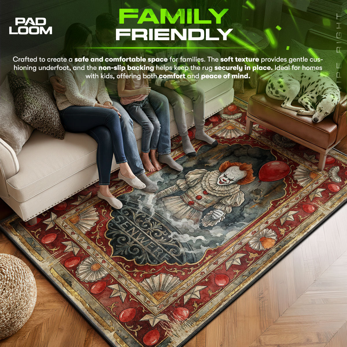 Pennywise area rug showing full home decor artwork