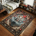 Pennywise the clown standing over a sewer grate with red balloons in a vintage gothic Persian art style movie themed area rug and home theater mat