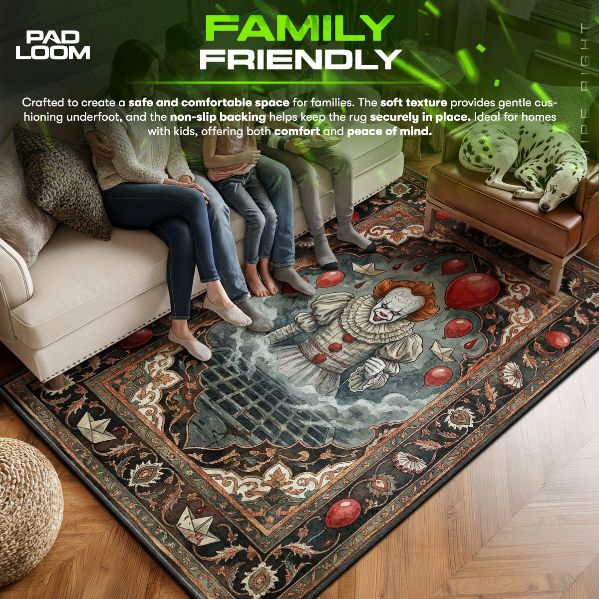 Pennywise area rug showing full home decor artwork