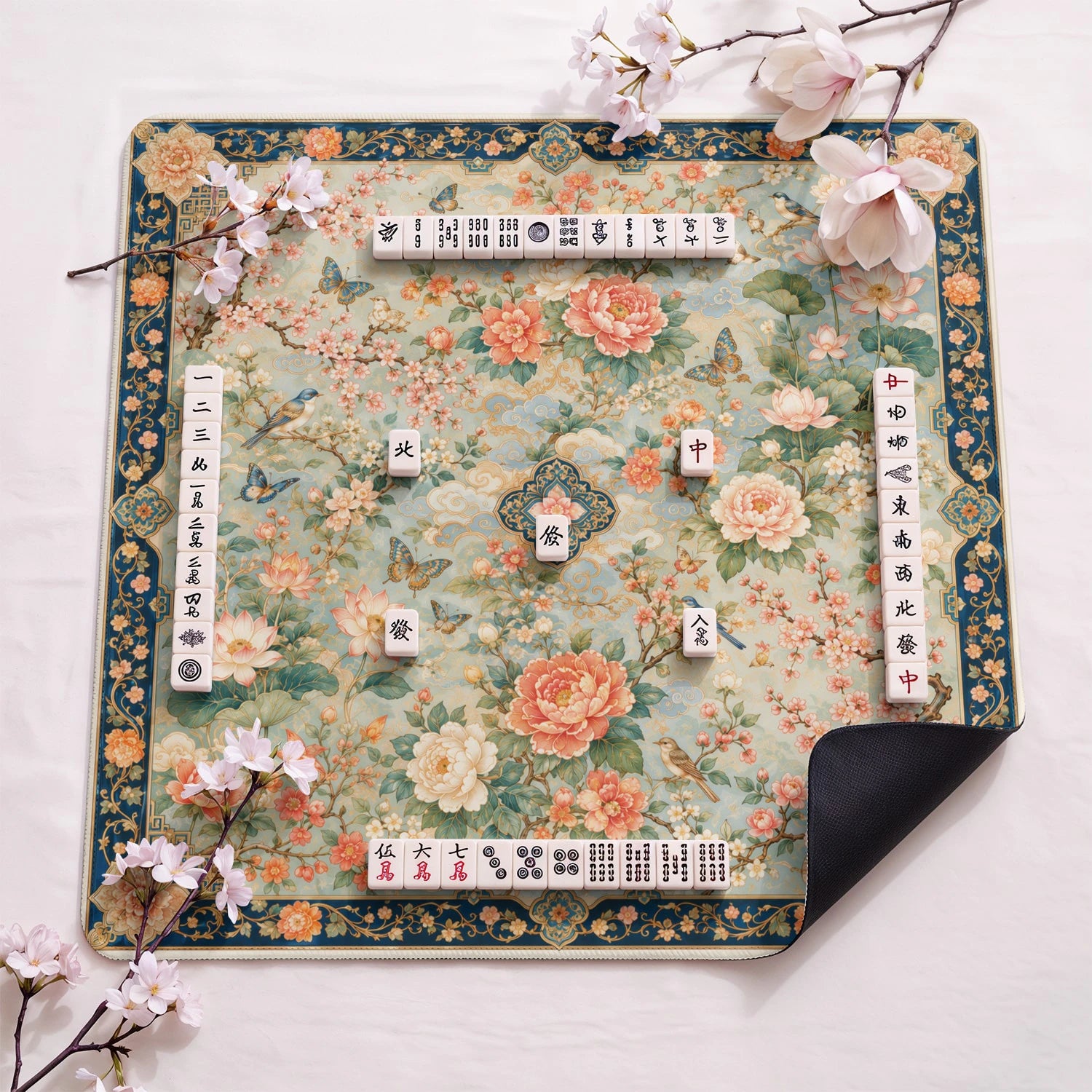 Peony Aviary Garden design close-up on mahjong mat surface