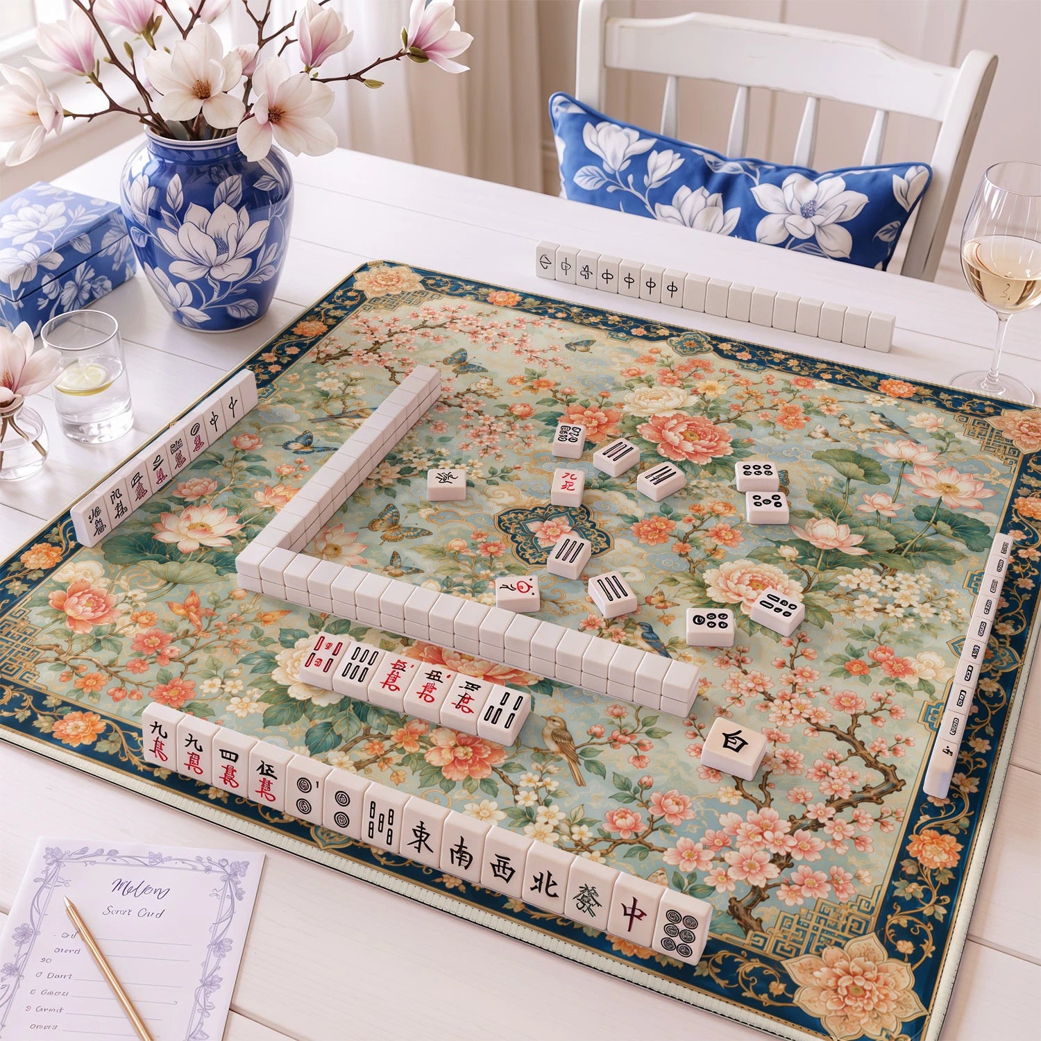 Peony Aviary Garden mahjong mat – M (60x60 cm) and L (81x81 cm) sizes