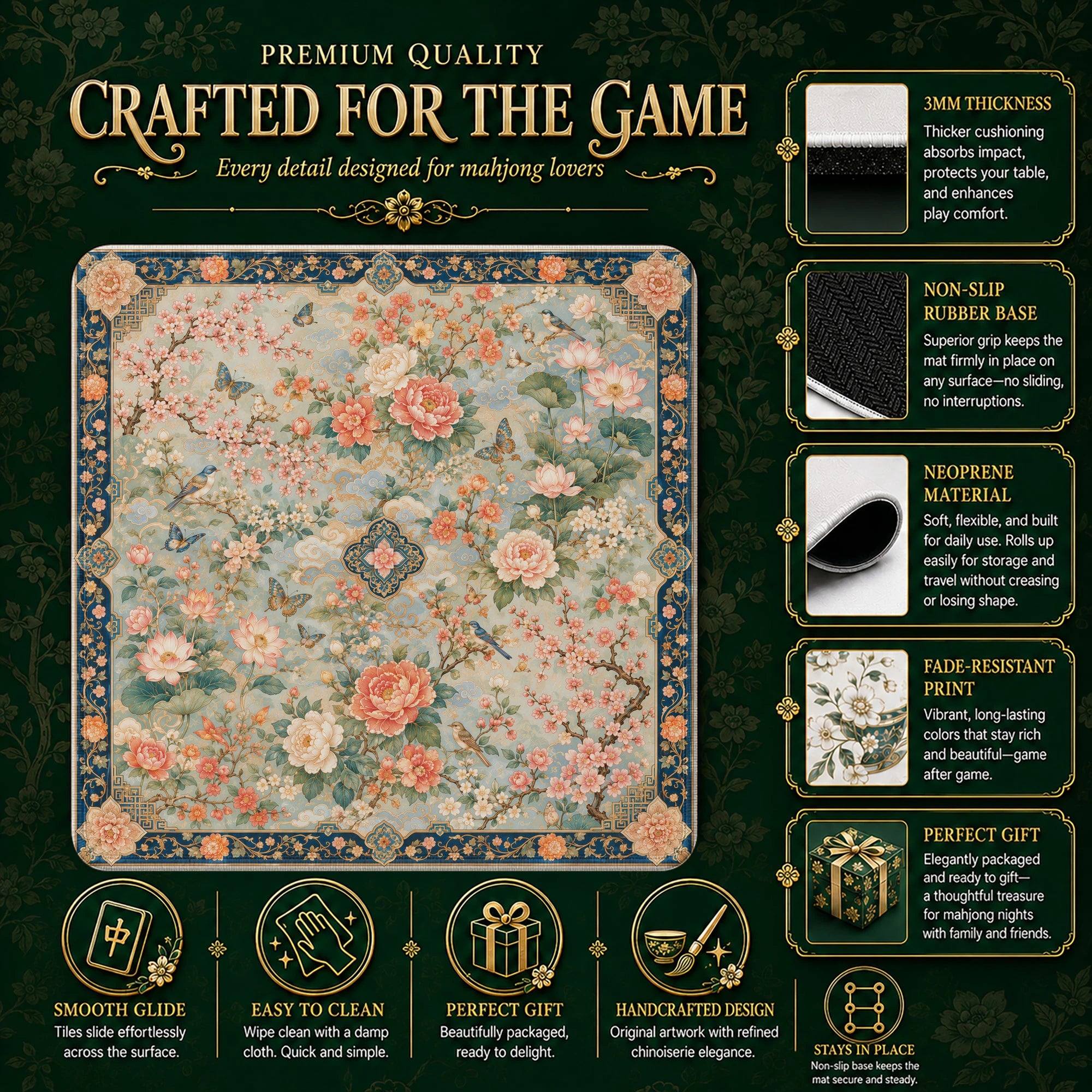 Peony Aviary Garden mahjong mat – M (60x60 cm) and L (81x81 cm) sizes