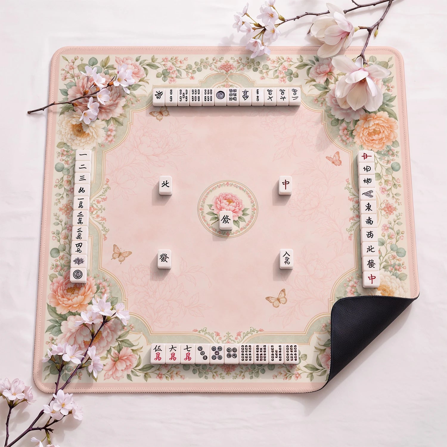 Peony Blush design close-up on mahjong mat surface