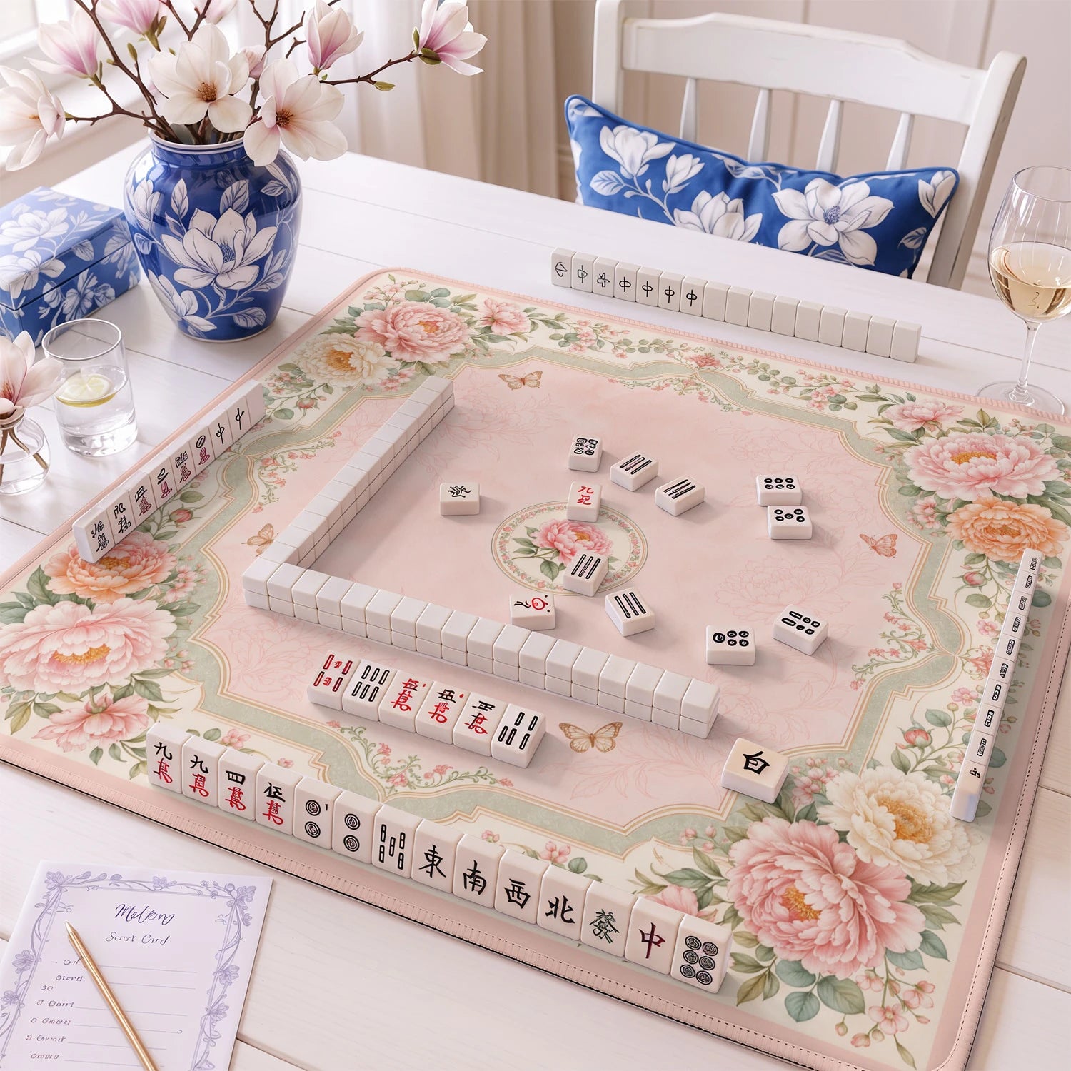 Peony Blush mahjong mat – M (60x60 cm) and L (81x81 cm) sizes