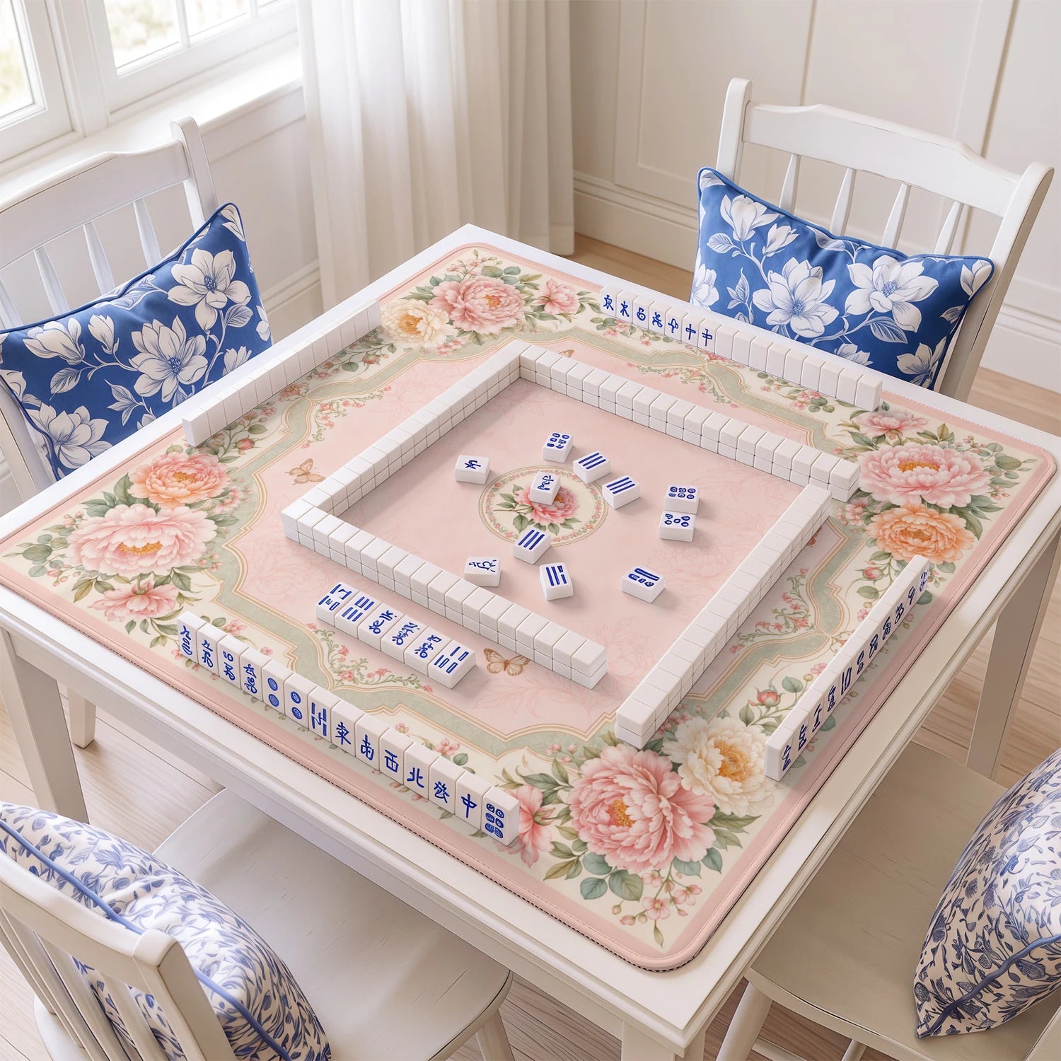 Peony Blush mahjong mat with tiles and racks on the table