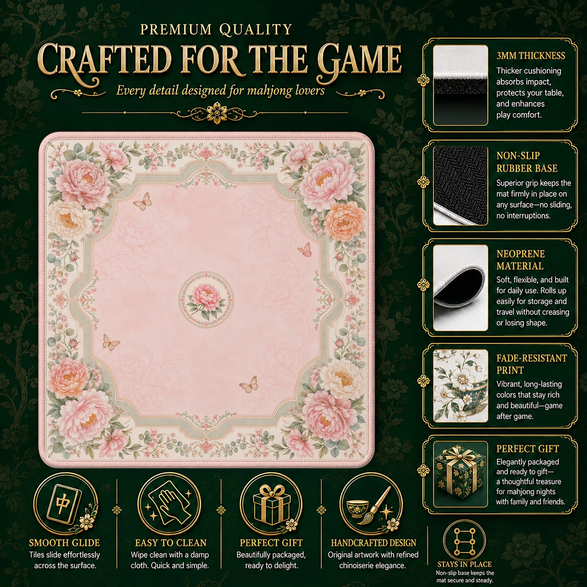 Peony Blush Mahjong Mat – neoprene mah jongg table mat
