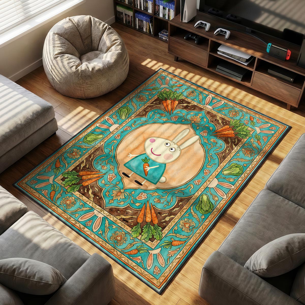 Rebecca Rabbit themed area rug for home decor fans