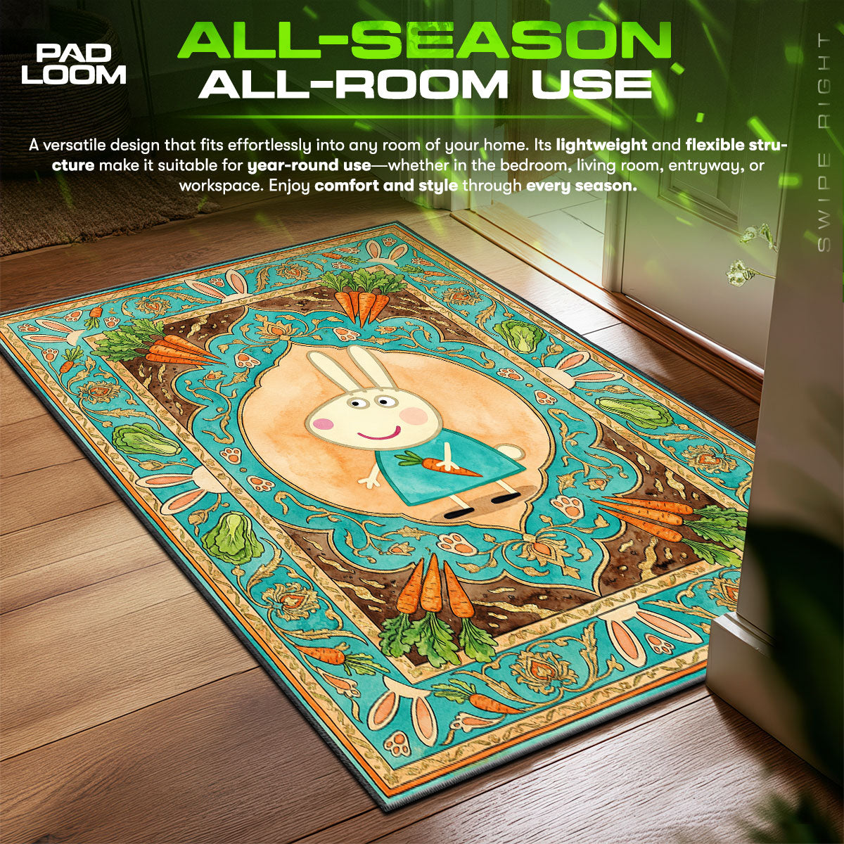 Rebecca Rabbit Garden Kids fan rug — premium quality print