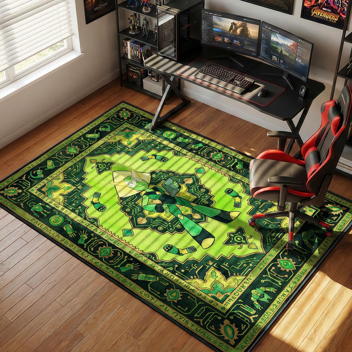 Close-up of Peridot rug showing neon green dye-sublimation print and velvet texture