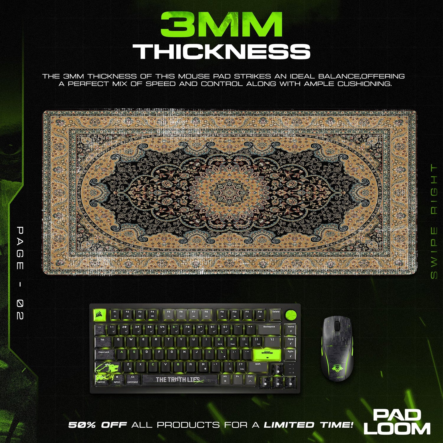 Persian Black Medallion Mouse Pad, Regal Style Gaming Desk Mat Padloom