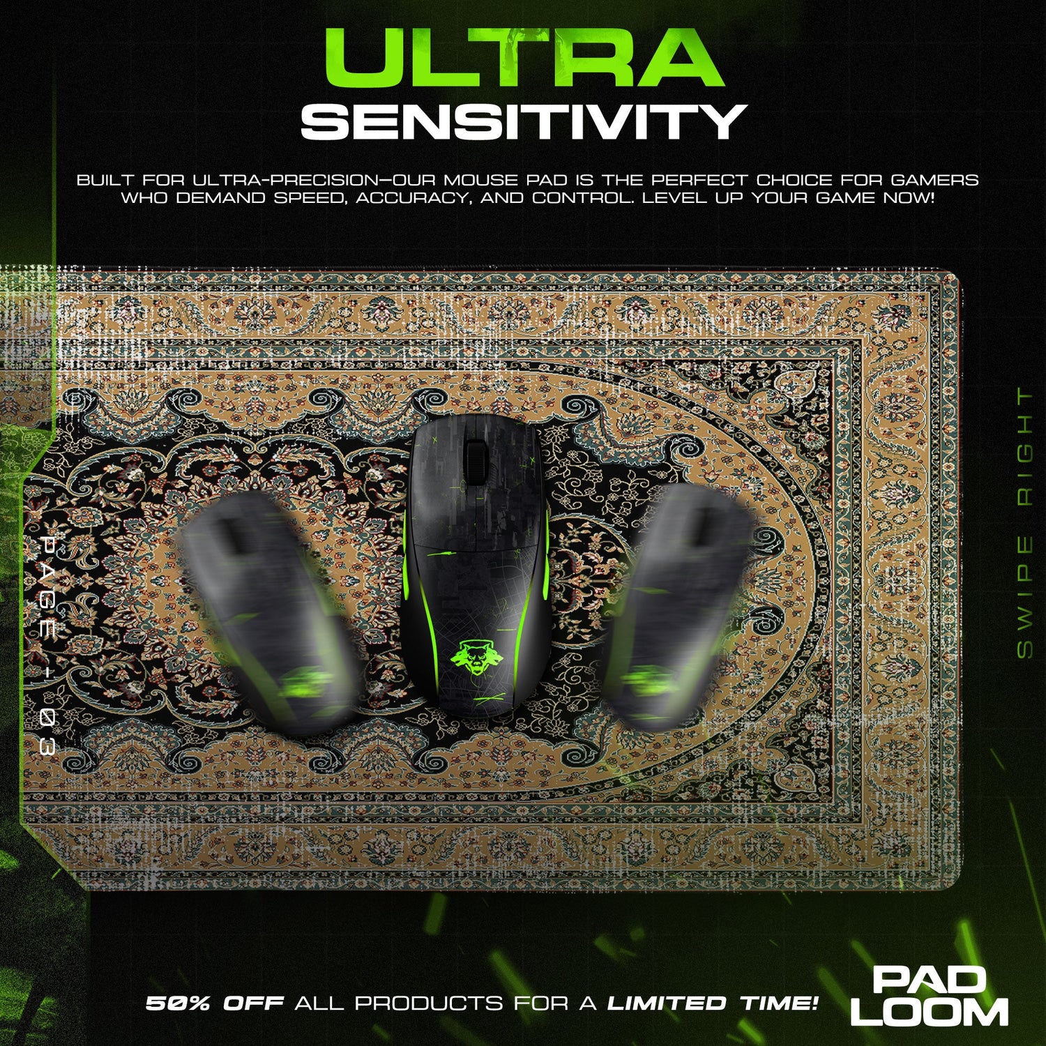 Persian Black Medallion Mouse Pad, Regal Style Gaming Desk Mat Padloom