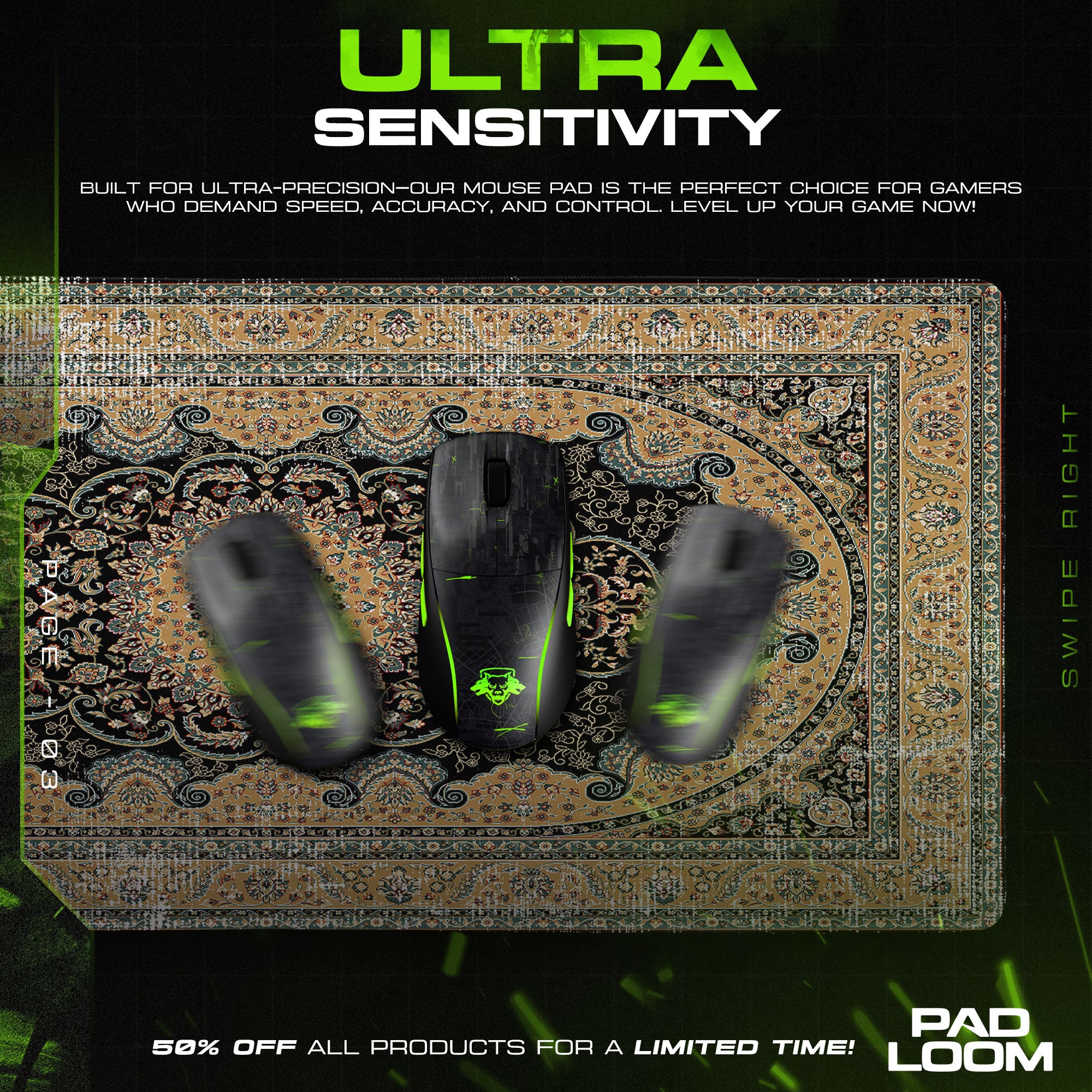 Persian Black Medallion Mouse Pad, Regal Style Gaming Desk Mat