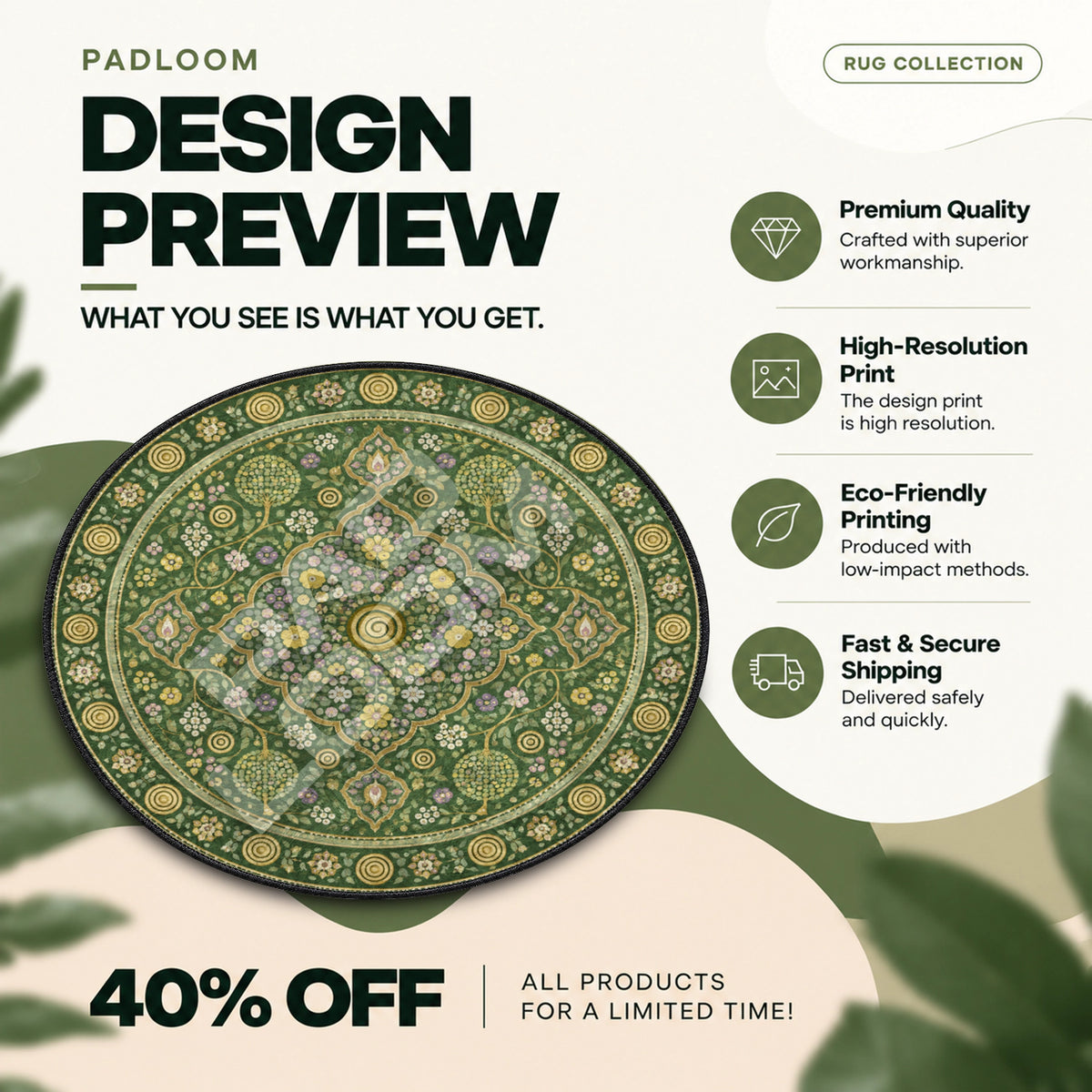 Persischer Garten Smaragd runder Teppich – Designvorschau