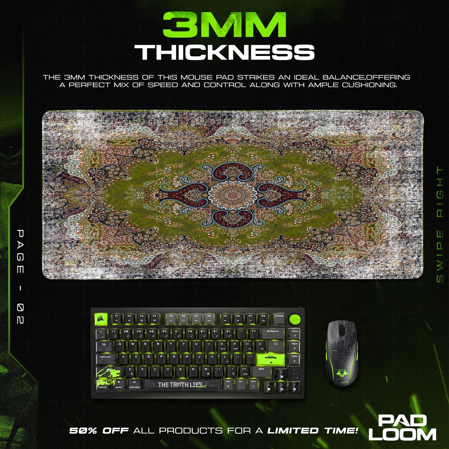 Persian Green Medallion Mouse Pad, Artistic Style Gaming Desk Mat Padloom