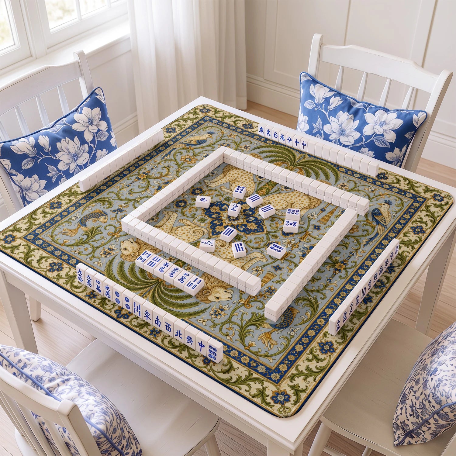 Persian Lion mahjong mat with tiles and racks on the table