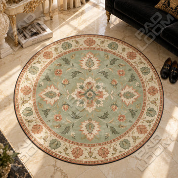 Persian Palmette floral round rug in a styled room - floral circle area rug