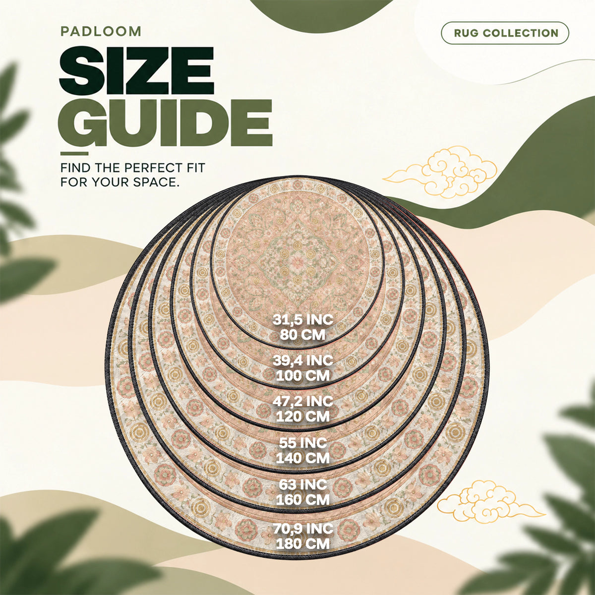 Persian Peach round rug size guide, 80 to 180 cm (31.5 to 70.9 in)