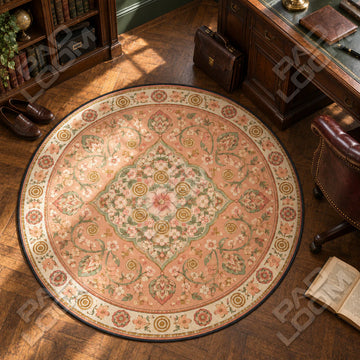 Persian Peach floral round rug in a styled room - floral circle area rug