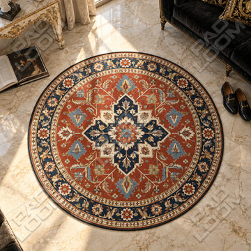 Persian Rust vintage round rug in a styled room - vintage circle area rug