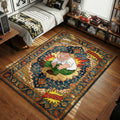 Peter Griffin clutching his hurt knee with comic bursts sssssss ahhhhhh ornate blue and gold traditional Persian art style movie themed area rug and home theater mat