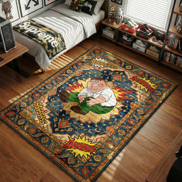 Peter Griffin clutching his hurt knee with comic bursts sssssss ahhhhhh ornate blue and gold traditional Persian art style movie themed area rug and home theater mat