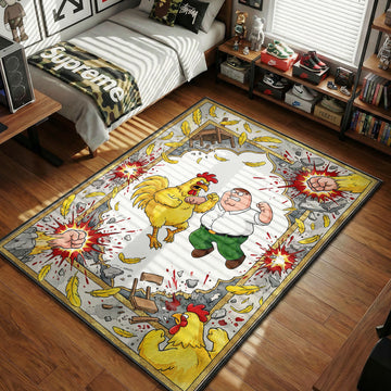 Peter Griffin fighting Ernie the Giant Chicken with flying feathers and debris ornate traditional Persian art style movie themed area rug and home theater mat