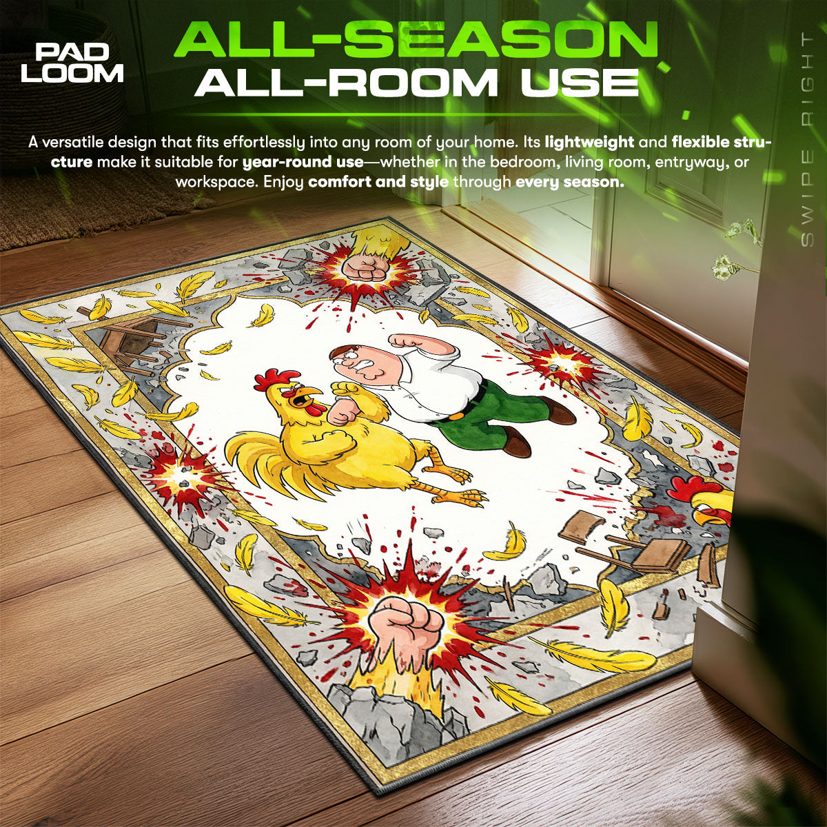 Peter vs Giant Chicken Fight Family Guy Room fan rug — premium quality print