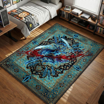 Phantom Assassin Mortred landing critical strike with red splatter spectral tapestry style gaming area rug and floor mat