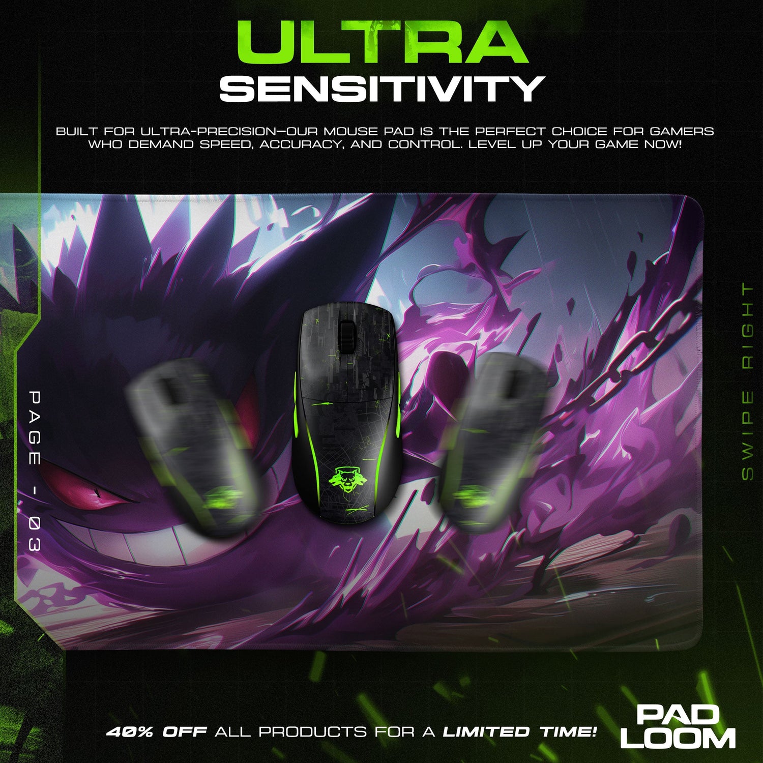 Phantom Pulse Gengar Mouse Pad, Ghost Pokémon Gaming Desk Mat Padloom