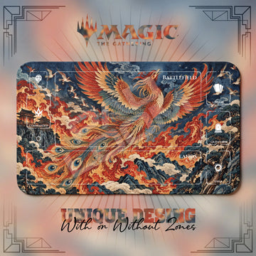 Phoenix Firestorm MTG playmat, orange and red art with play zones, 24 x 14 in