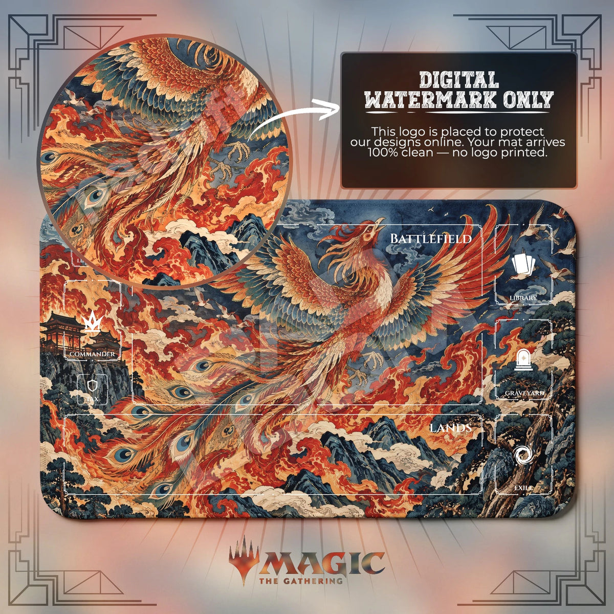 Phoenix Firestorm MTG playmat with zones; the Padloom watermark is digital only, not printed