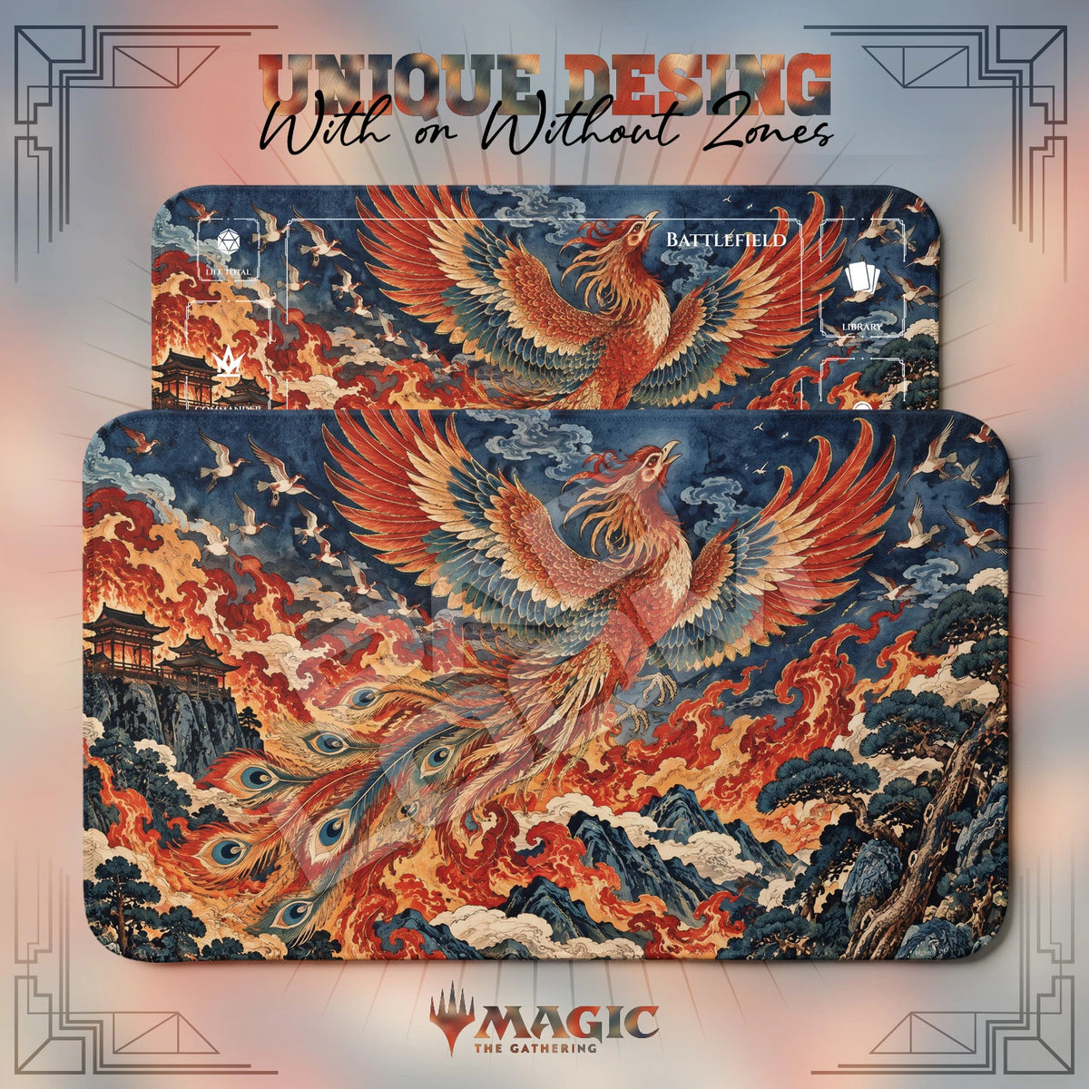Phoenix Firestorm MTG playmat shown with zones and without zones