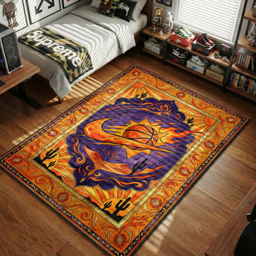 Phoenix Suns purple and orange rug with flaming basketball sunburst, cactus silhouettes and ornate baroque border