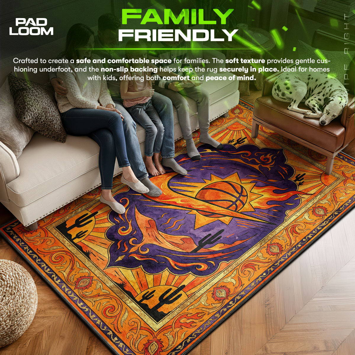 Phoenix area rug showing full home decor artwork