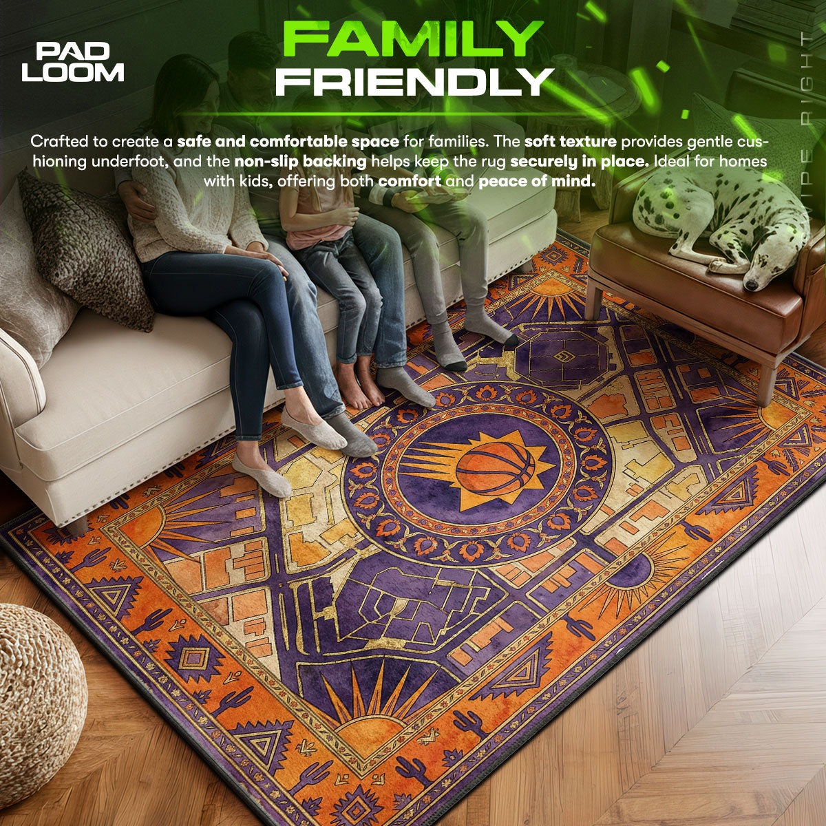 Phoenix area rug showing full home decor artwork