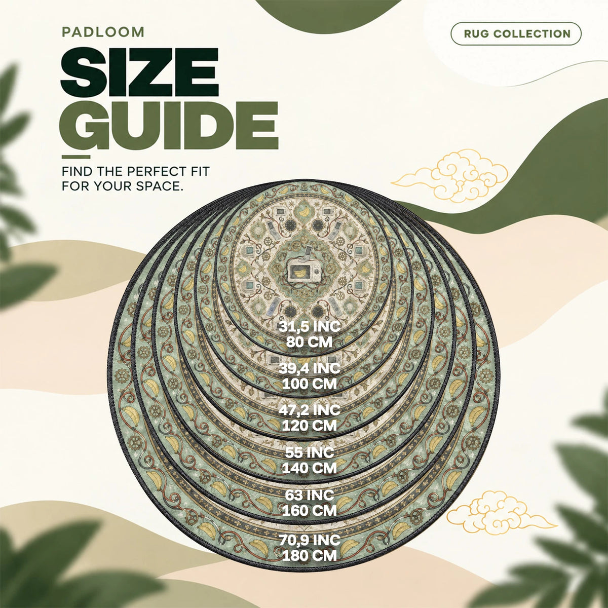 Phone Microwave Banana round rug size guide, 80 to 180 cm (31.5 to 70.9 in)