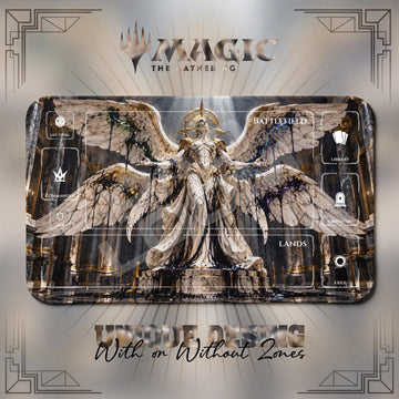 Phyrexian Angel Marble MTG playmat, brown and gray art with play zones, 24 x 14 in