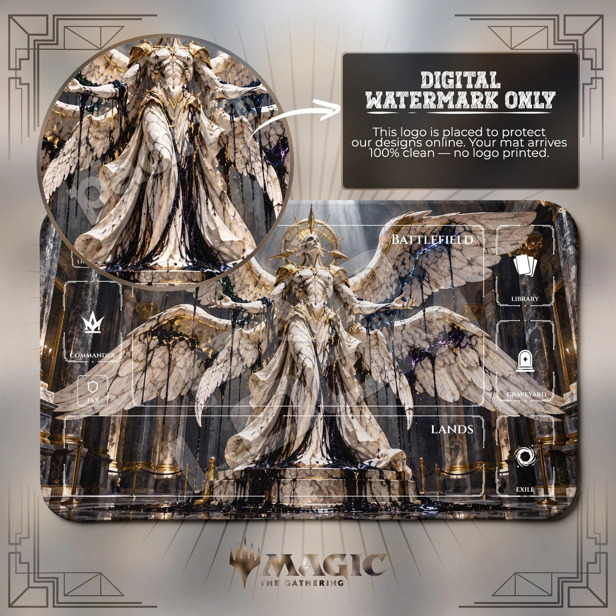 Phyrexian Angel Marble MTG playmat with zones; the Padloom watermark is digital only, not printed