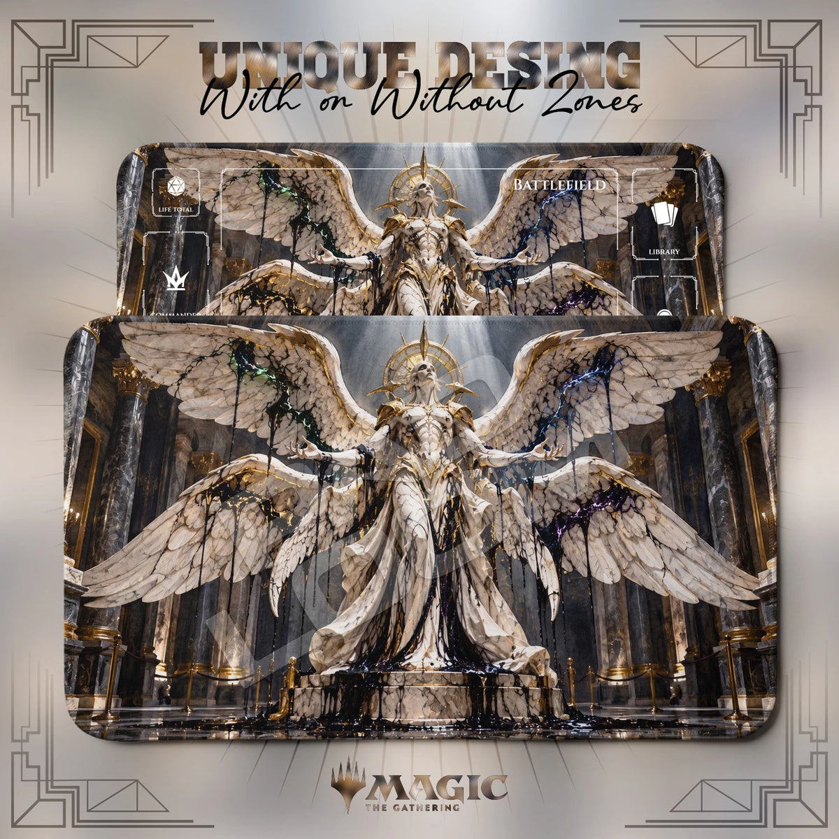 Phyrexian Angel Marble MTG playmat shown with zones and without zones
