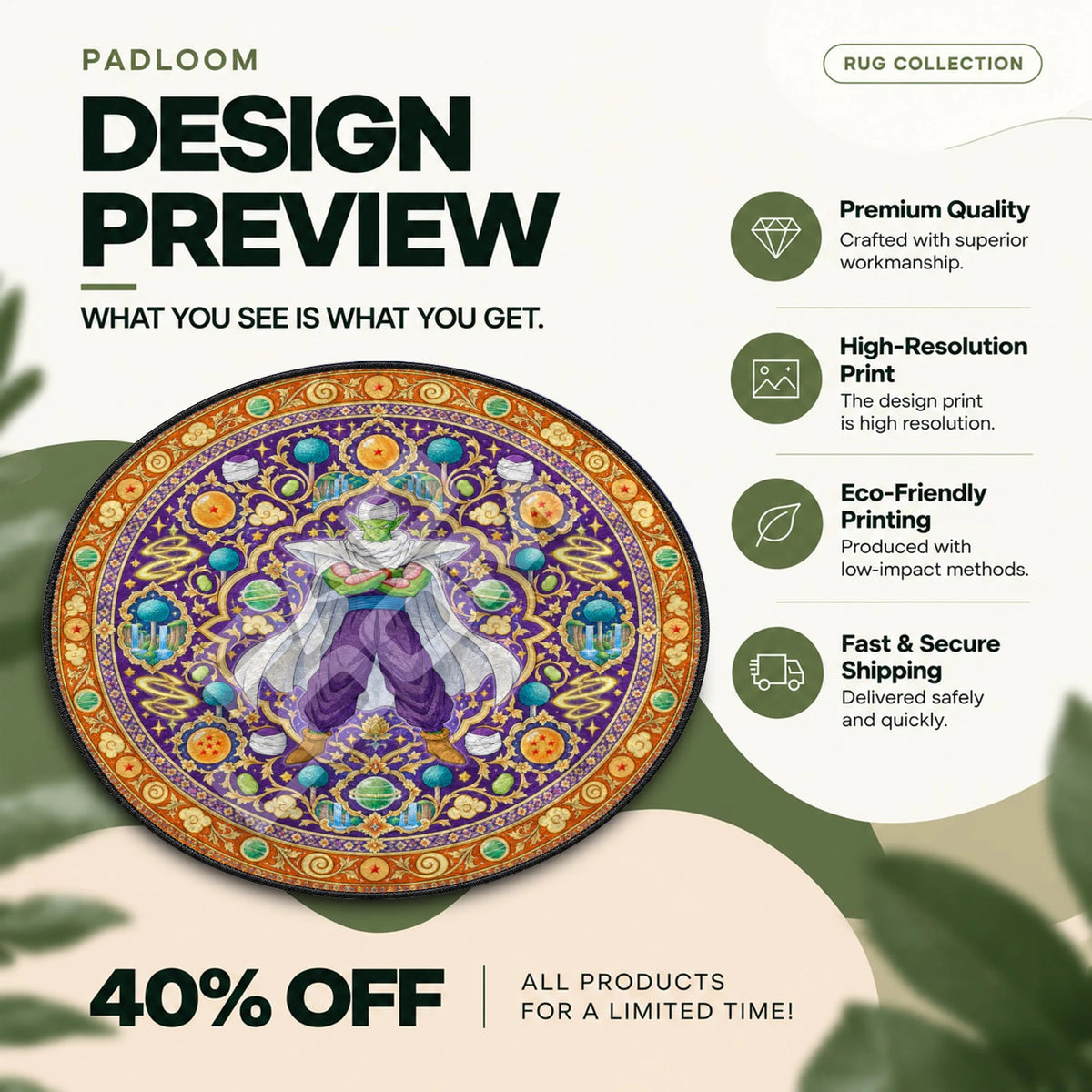 Piccolo Medallion Dragon Ball round rug full design preview