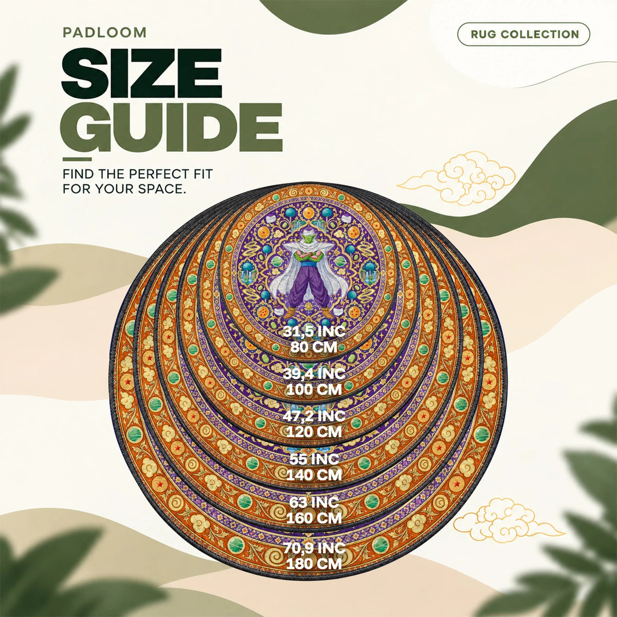 Piccolo Medallion round rug size guide, 80 to 180 cm (31.5 to 70.9 in)