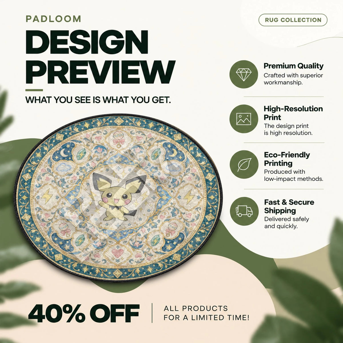 Pichu Waving Pokemon round rug full design preview