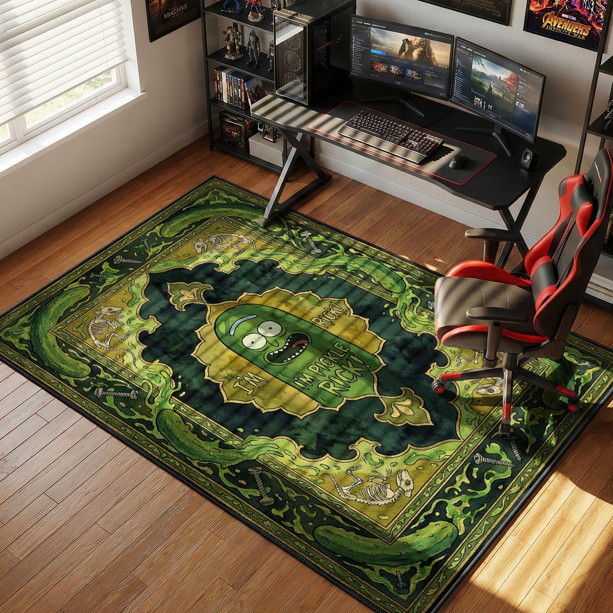 Pickle Rick rug placed in a dark gaming room under a desk with green LED accent lighting